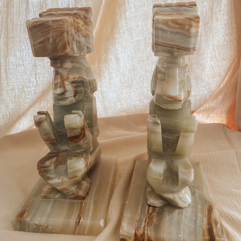 Vintage Jade Onyx Bookends Aztec Carved